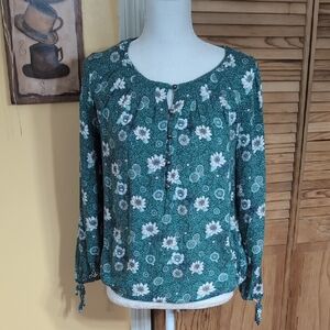 Lucky Brand Floral BOHO Blouse Teal Green Black & White Size Small
